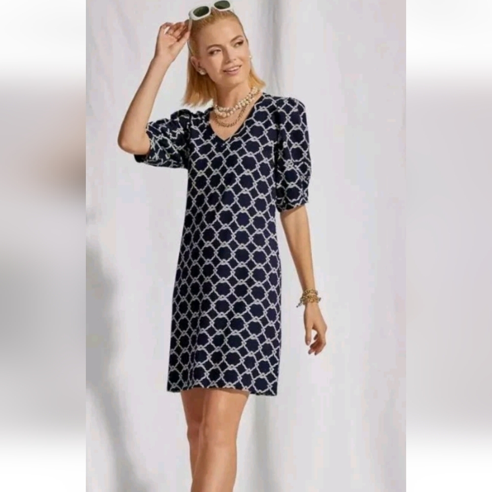 CABI Small Cruise Dress Jersey Puff Sleeve Black & White Rope Print Coastal